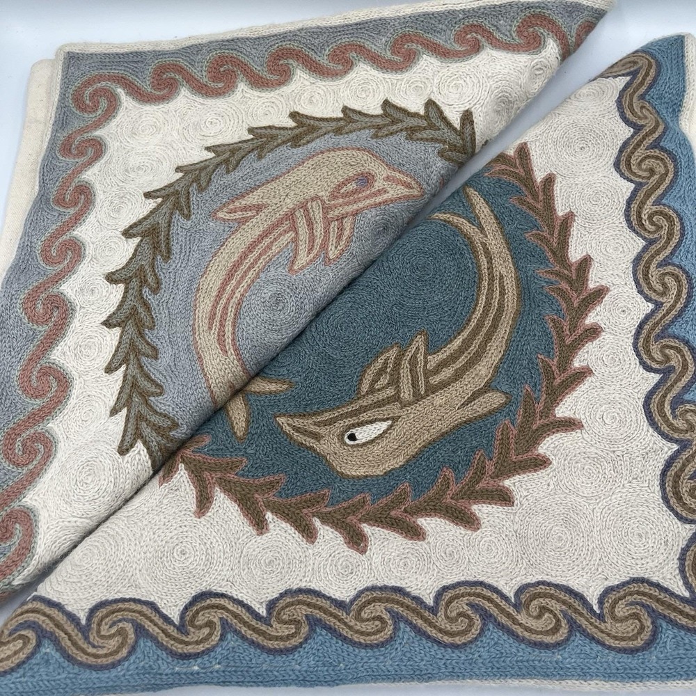 Set Embroidered Wool Pillow Cover Sham Handcrafted Nautical Blue Dolphin Vtg 16"